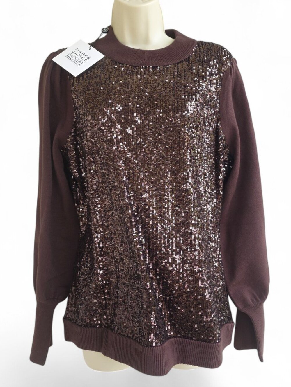 NWT Mark & James by Badgley Mischka Odette Sequin-Front Sweater in Cognac